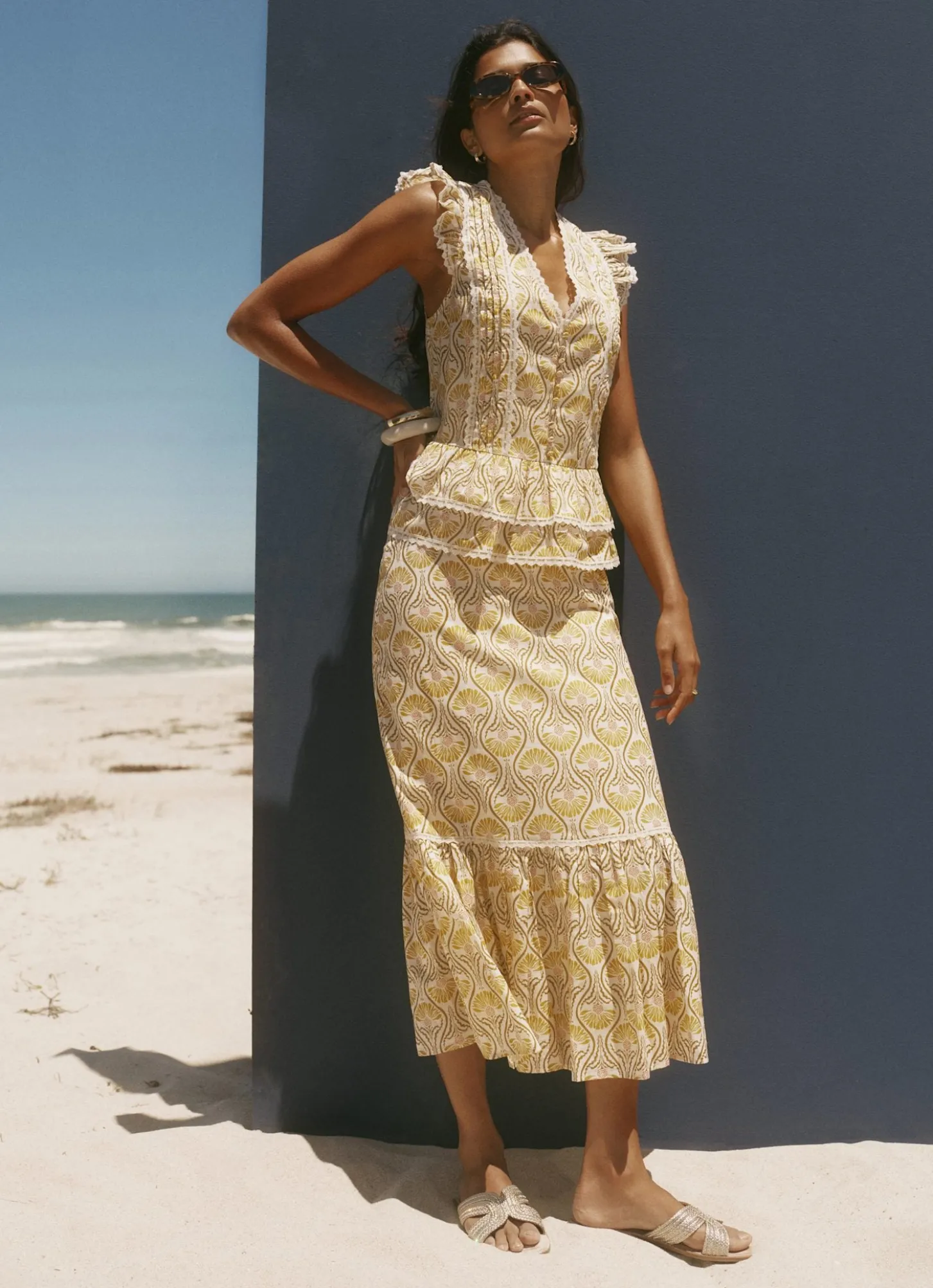 Yellow Cotton Floral Print Midi Skirt