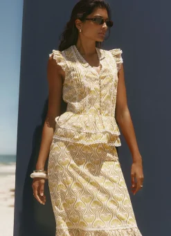 Yellow Cotton Floral Print Midi Skirt