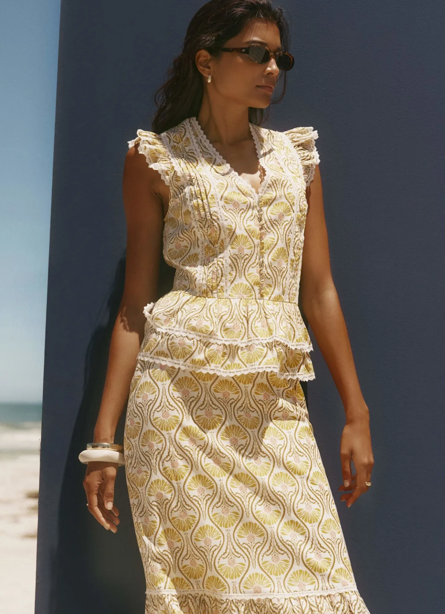 Yellow Cotton Floral Print Midi Skirt