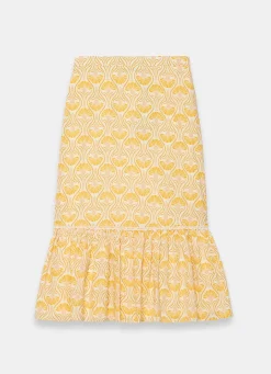 Yellow Cotton Floral Print Midi Skirt