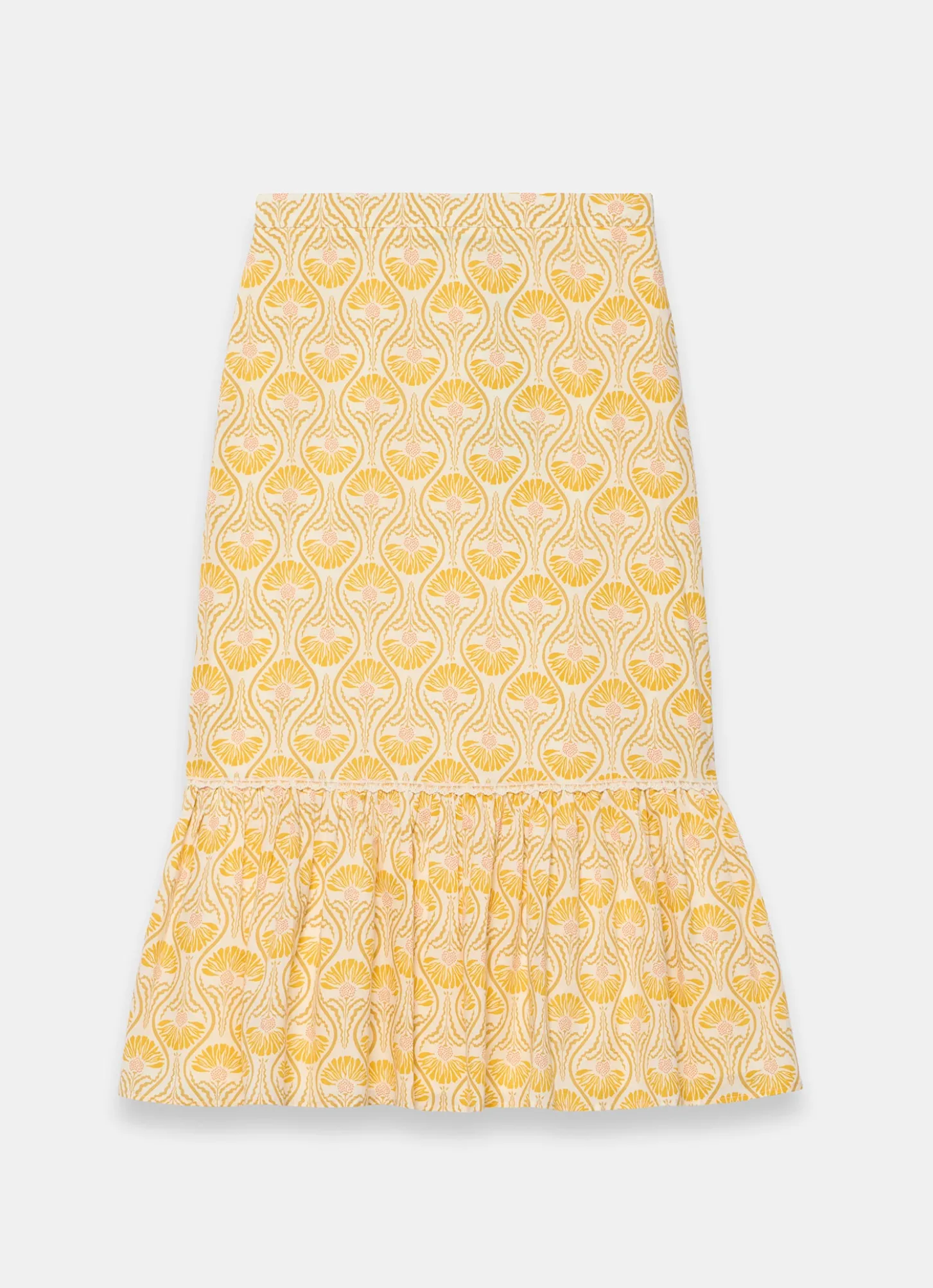 Yellow Cotton Floral Print Midi Skirt