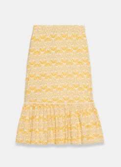 Yellow Cotton Floral Print Midi Skirt