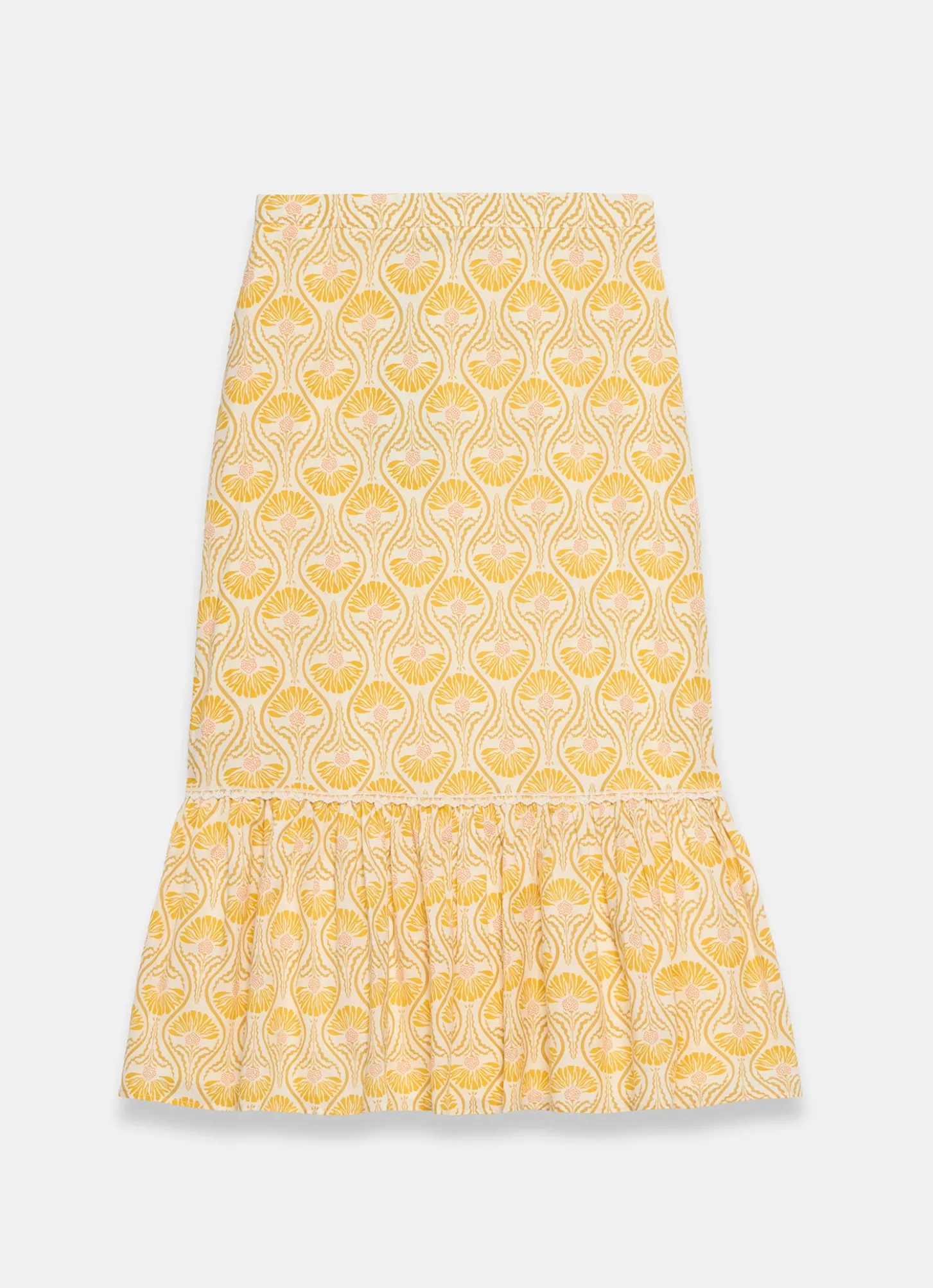 Yellow Cotton Floral Print Midi Skirt
