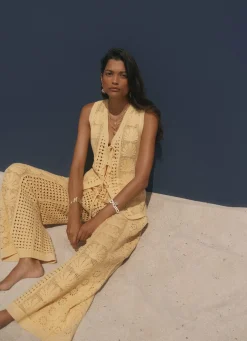 Yellow Crochet Shell Tie Front Top