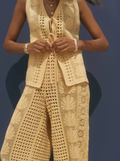 Yellow Crochet Shell Tie Front Top