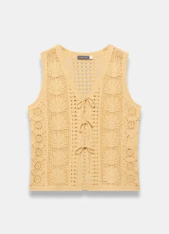 Yellow Crochet Shell Tie Front Top