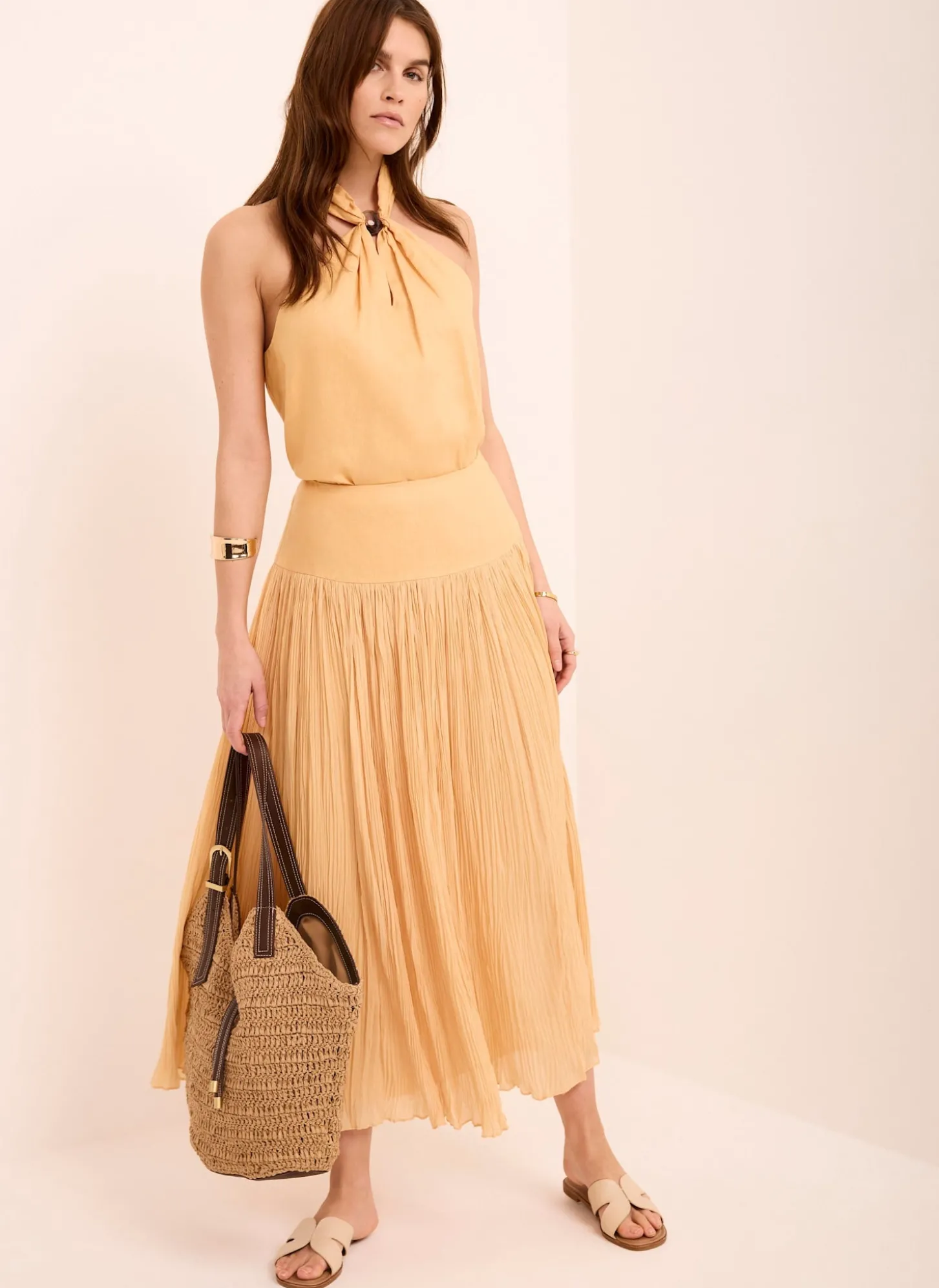 Yellow Drop Waist Crinkle Midi Skirt