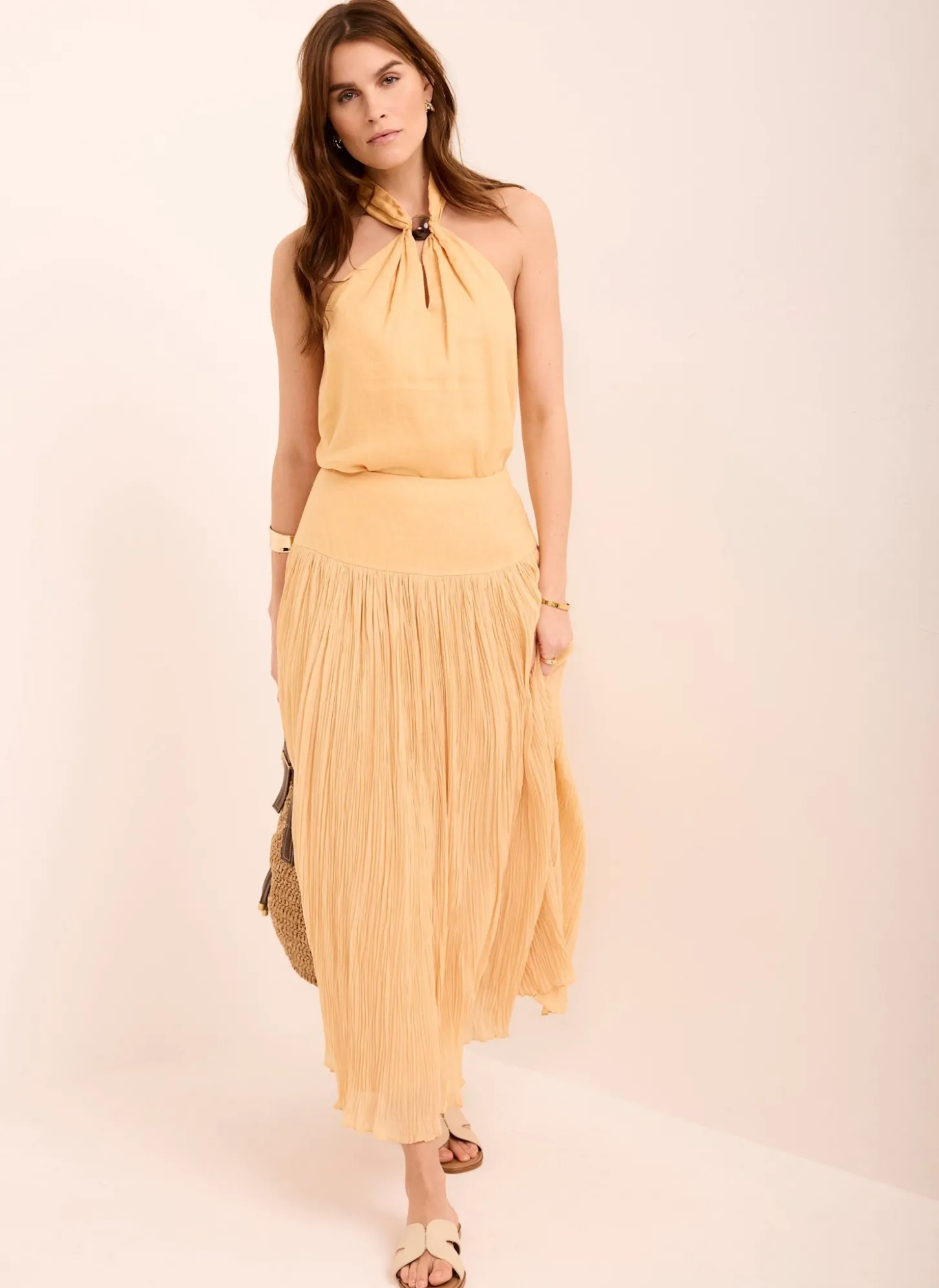 Yellow Drop Waist Crinkle Midi Skirt