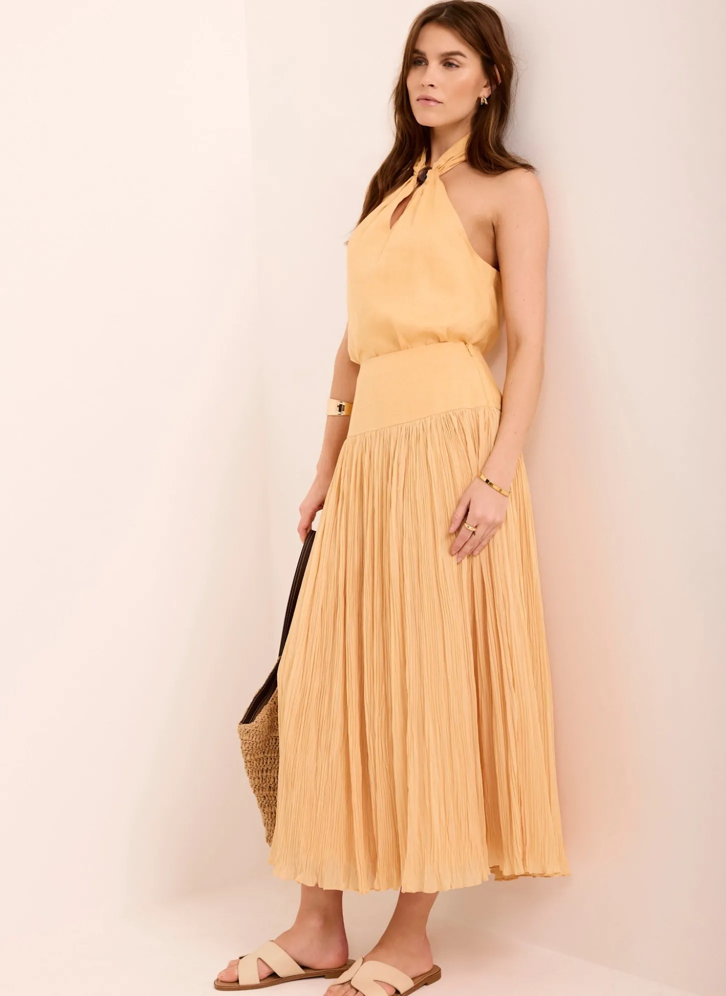 Yellow Drop Waist Crinkle Midi Skirt