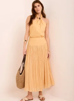 Yellow Drop Waist Crinkle Midi Skirt