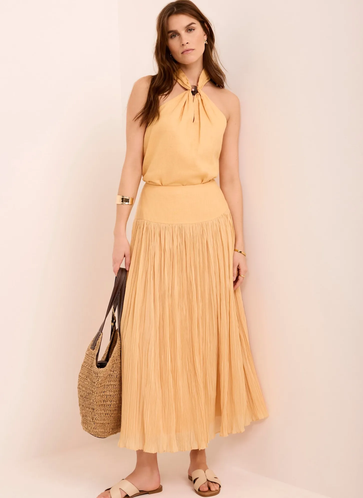 Yellow Drop Waist Crinkle Midi Skirt