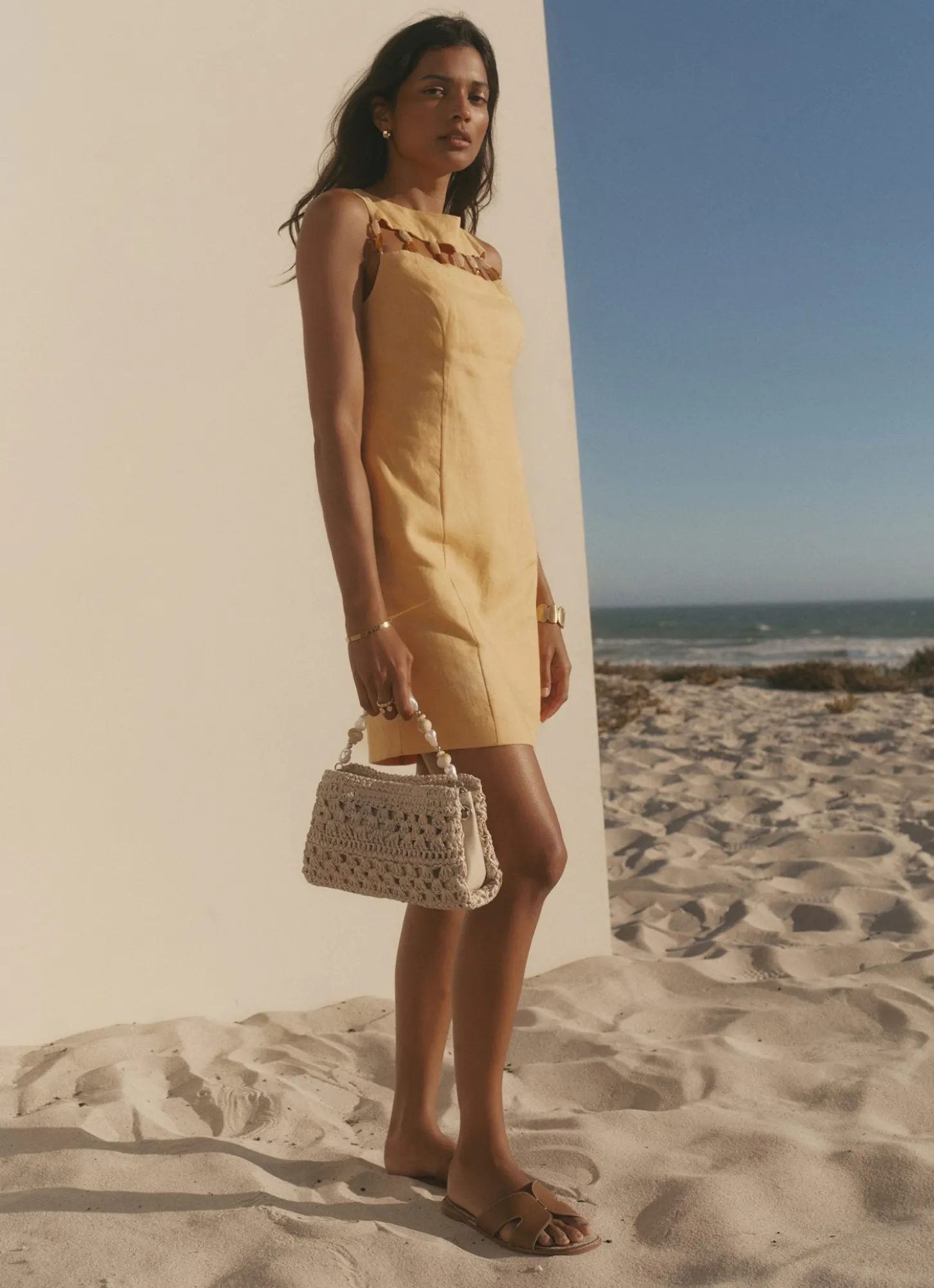 Yellow Linen Beaded Mini Dress