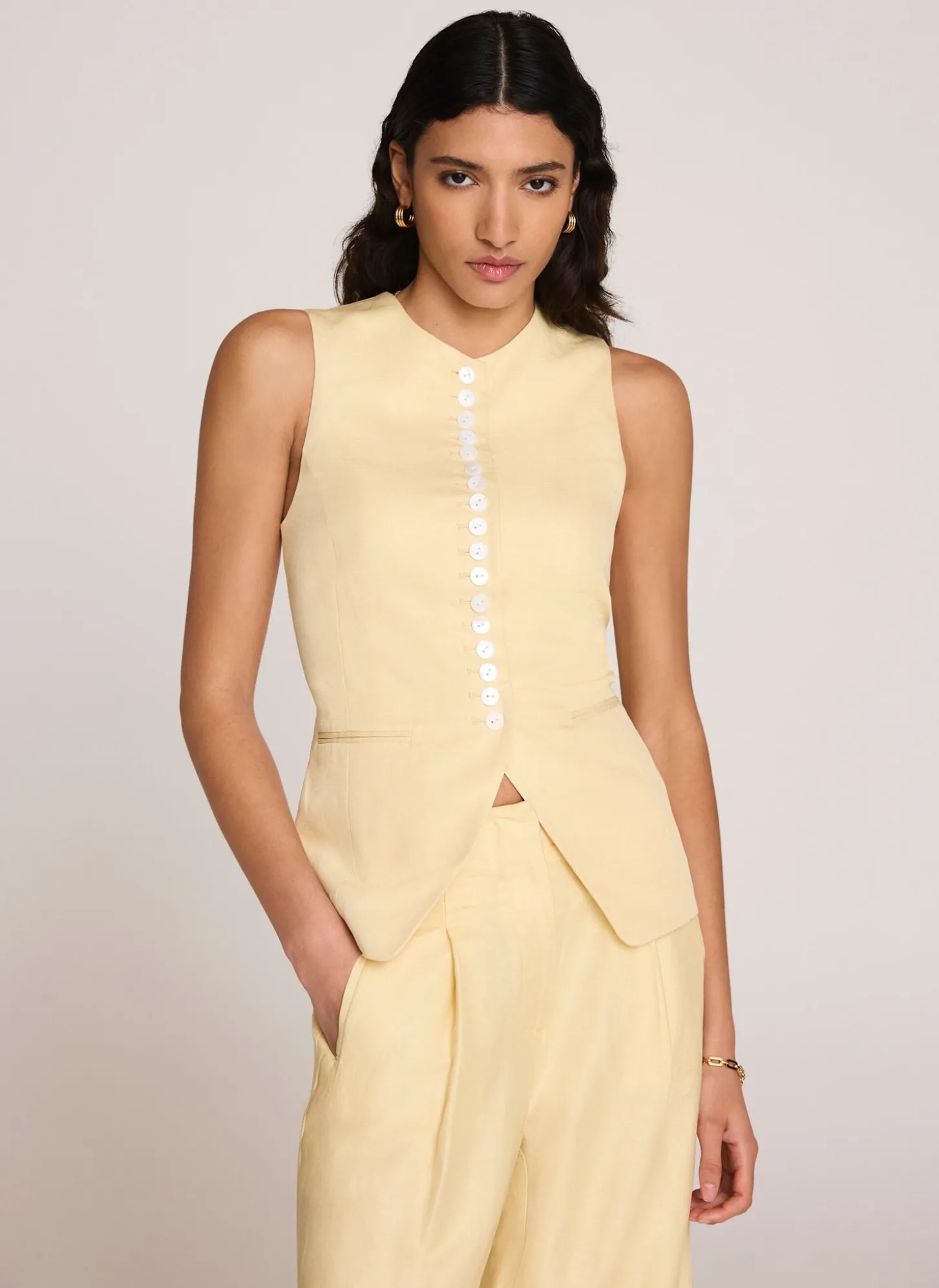 Yellow Linen Blend Longline Waistcoat