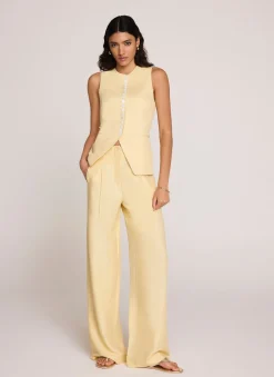 Yellow Linen Blend Pleated Wide Leg Trousers