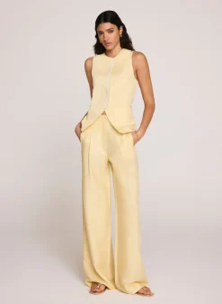 Yellow Linen Blend Pleated Wide Leg Trousers