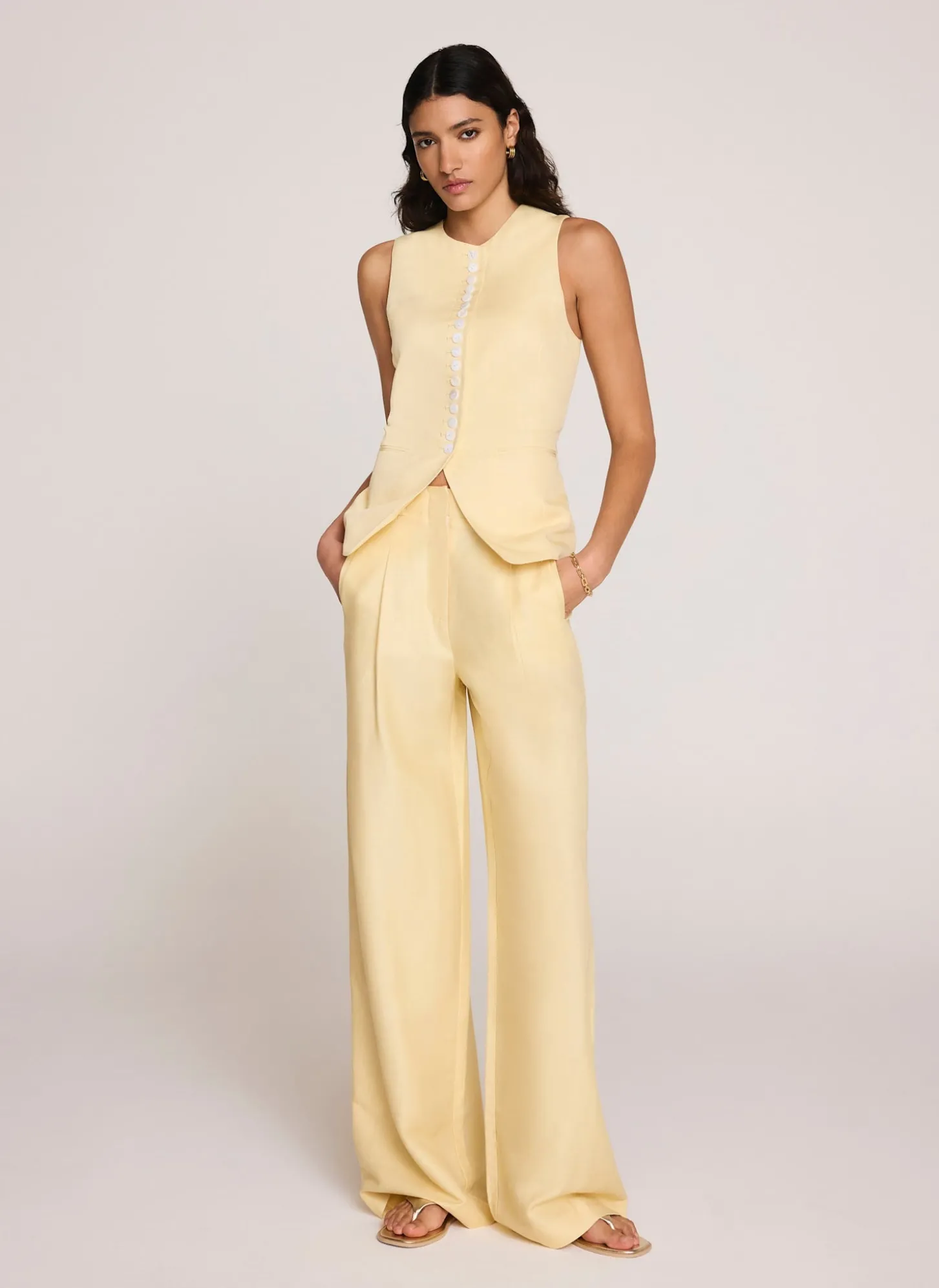Yellow Linen Blend Pleated Wide Leg Trousers