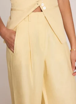Yellow Linen Blend Pleated Wide Leg Trousers
