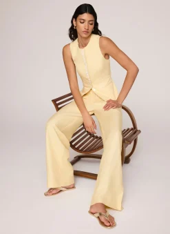 Yellow Linen Blend Pleated Wide Leg Trousers