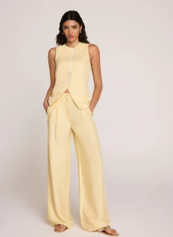 Yellow Linen Blend Pleated Wide Leg Trousers