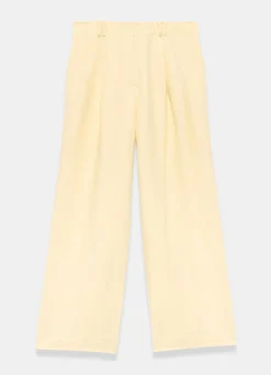 Yellow Linen Blend Pleated Wide Leg Trousers