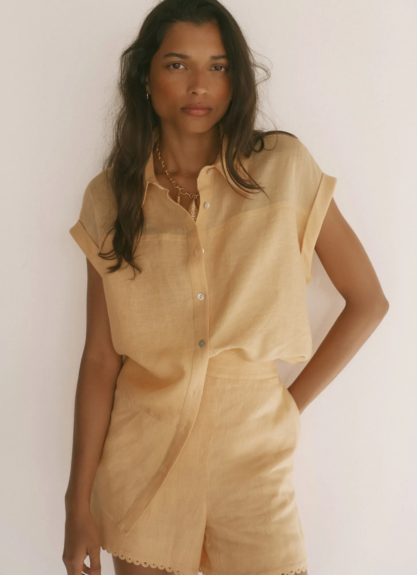 Yellow Linen Blend Sheer Panel Shirt