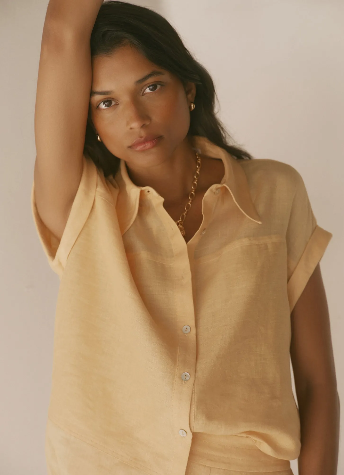 Yellow Linen Blend Sheer Panel Shirt
