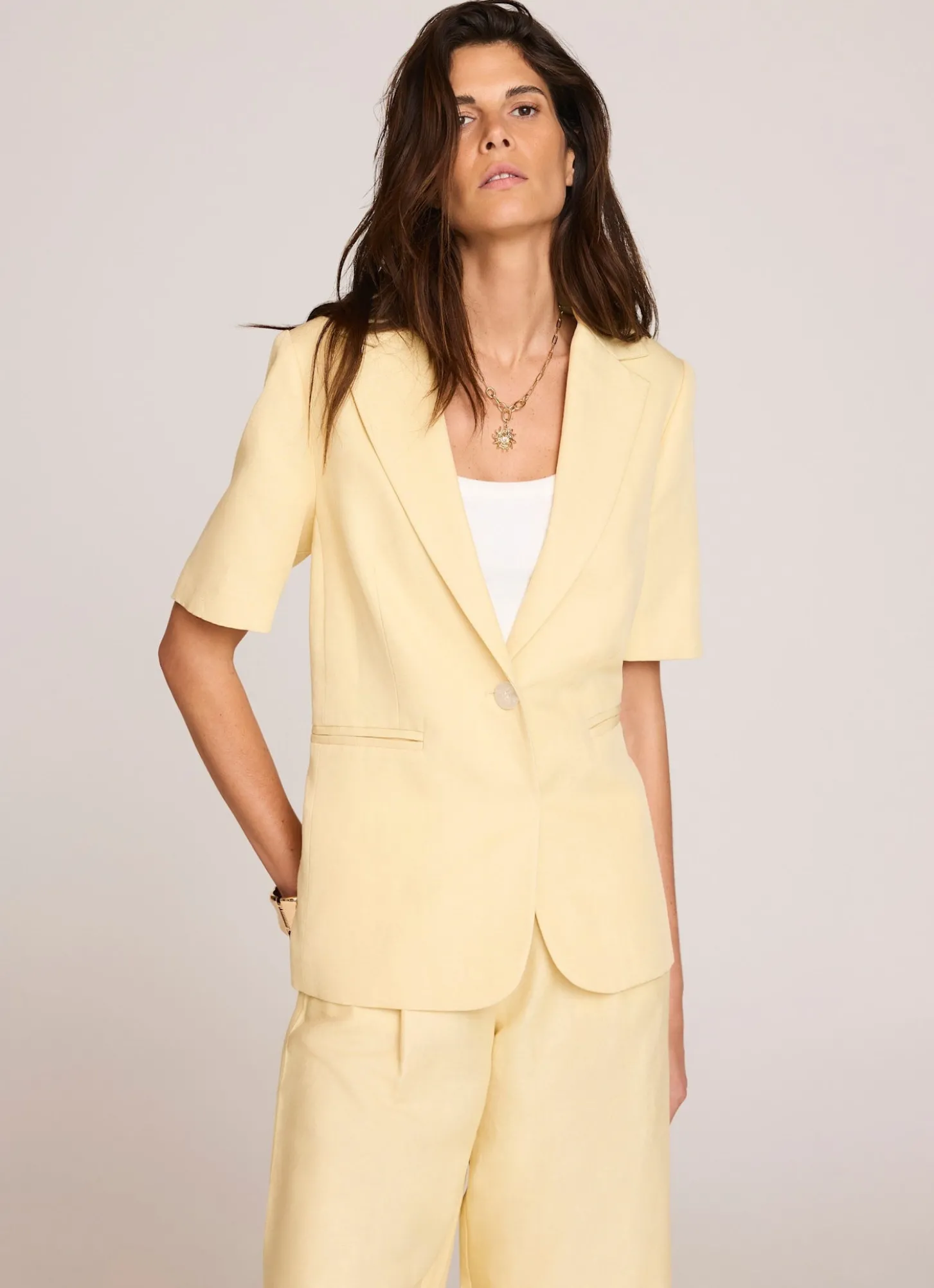 Yellow Linen Blend Short Sleeve Blazer