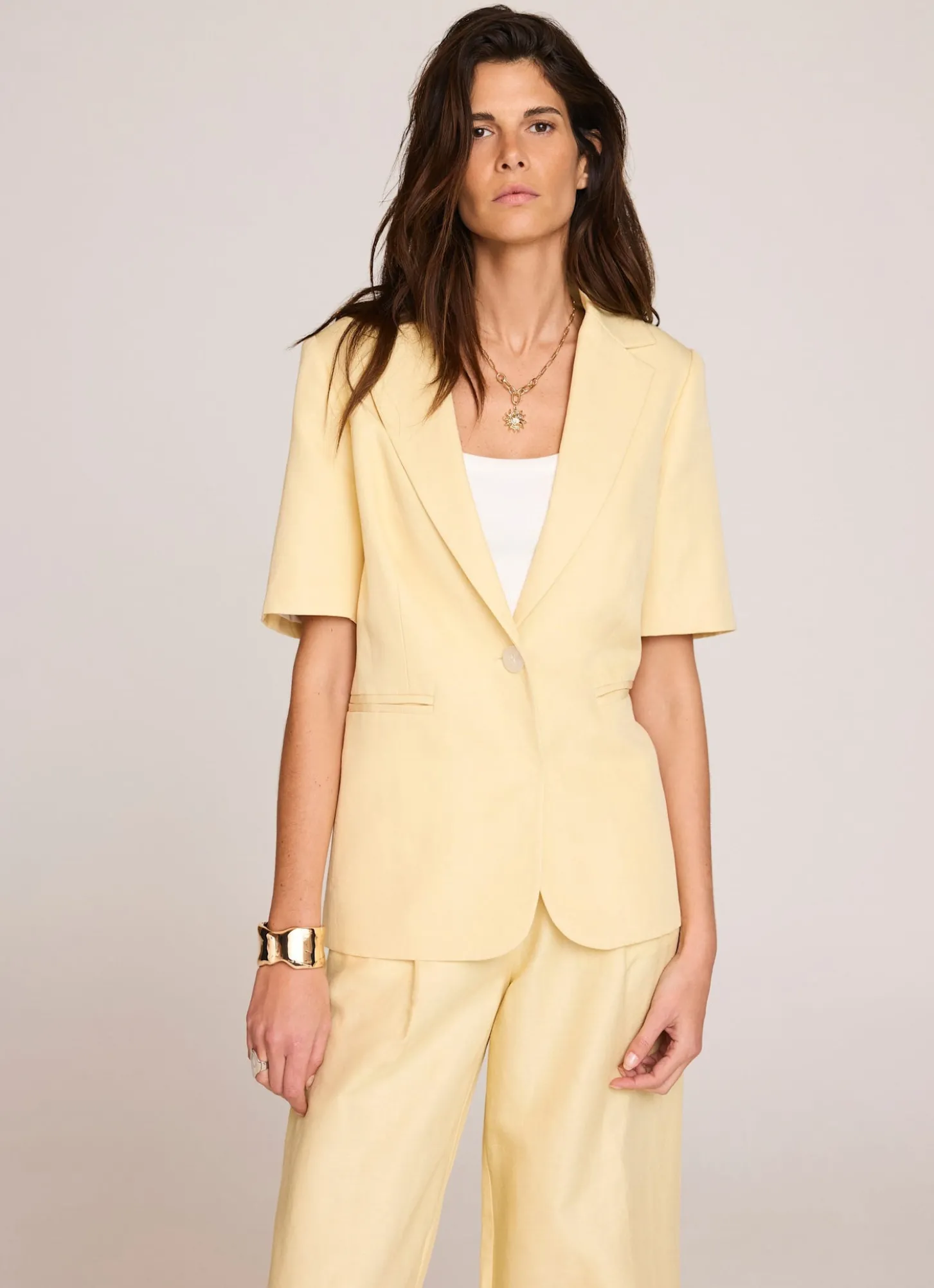 Yellow Linen Blend Short Sleeve Blazer