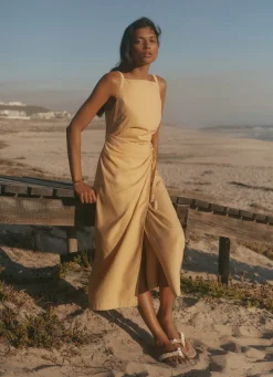 Yellow Linen Blend Wrap Midi Dress