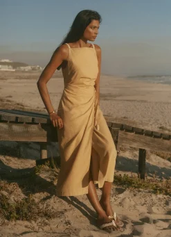 Yellow Linen Blend Wrap Midi Dress