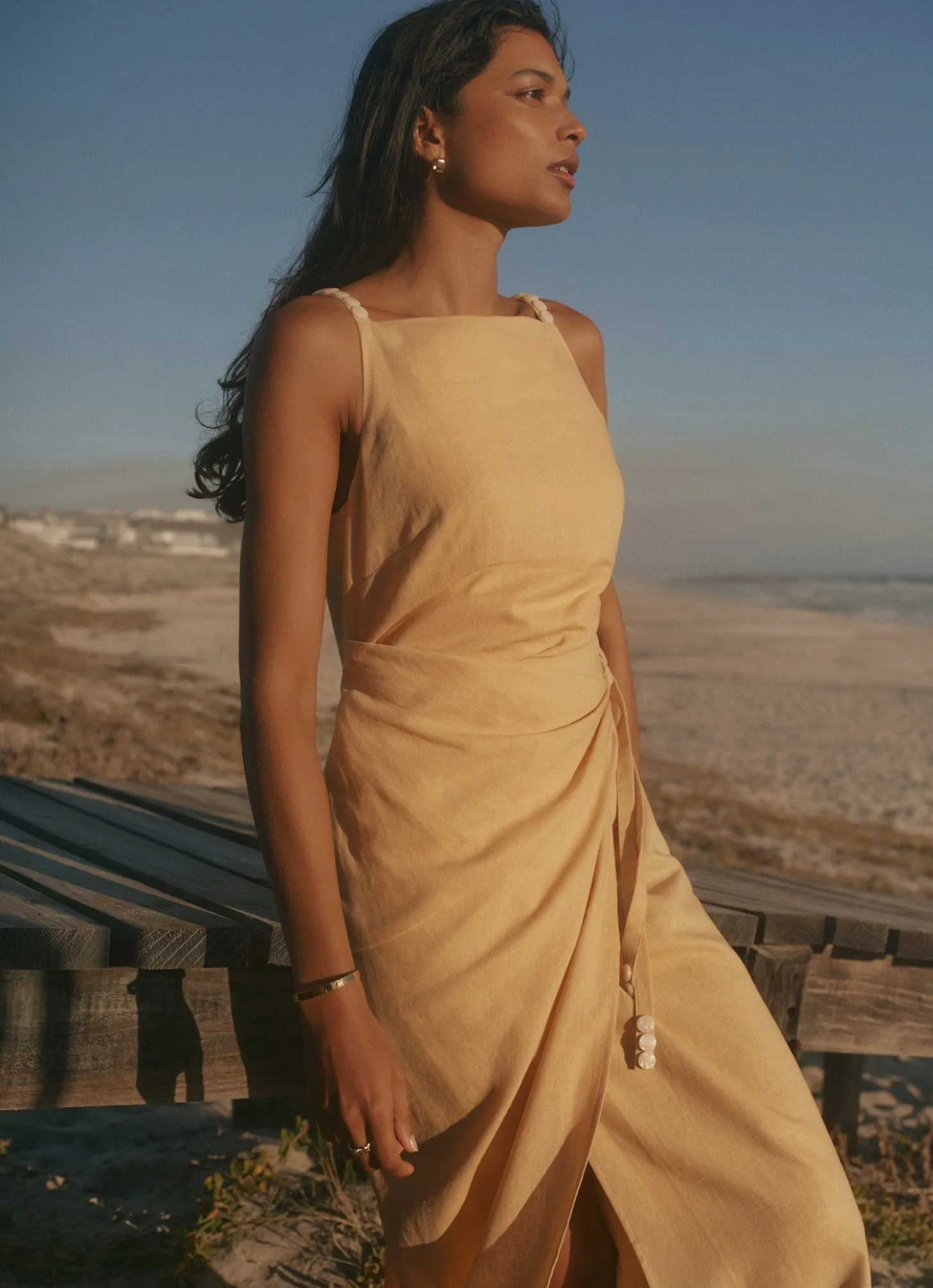 Yellow Linen Blend Wrap Midi Dress
