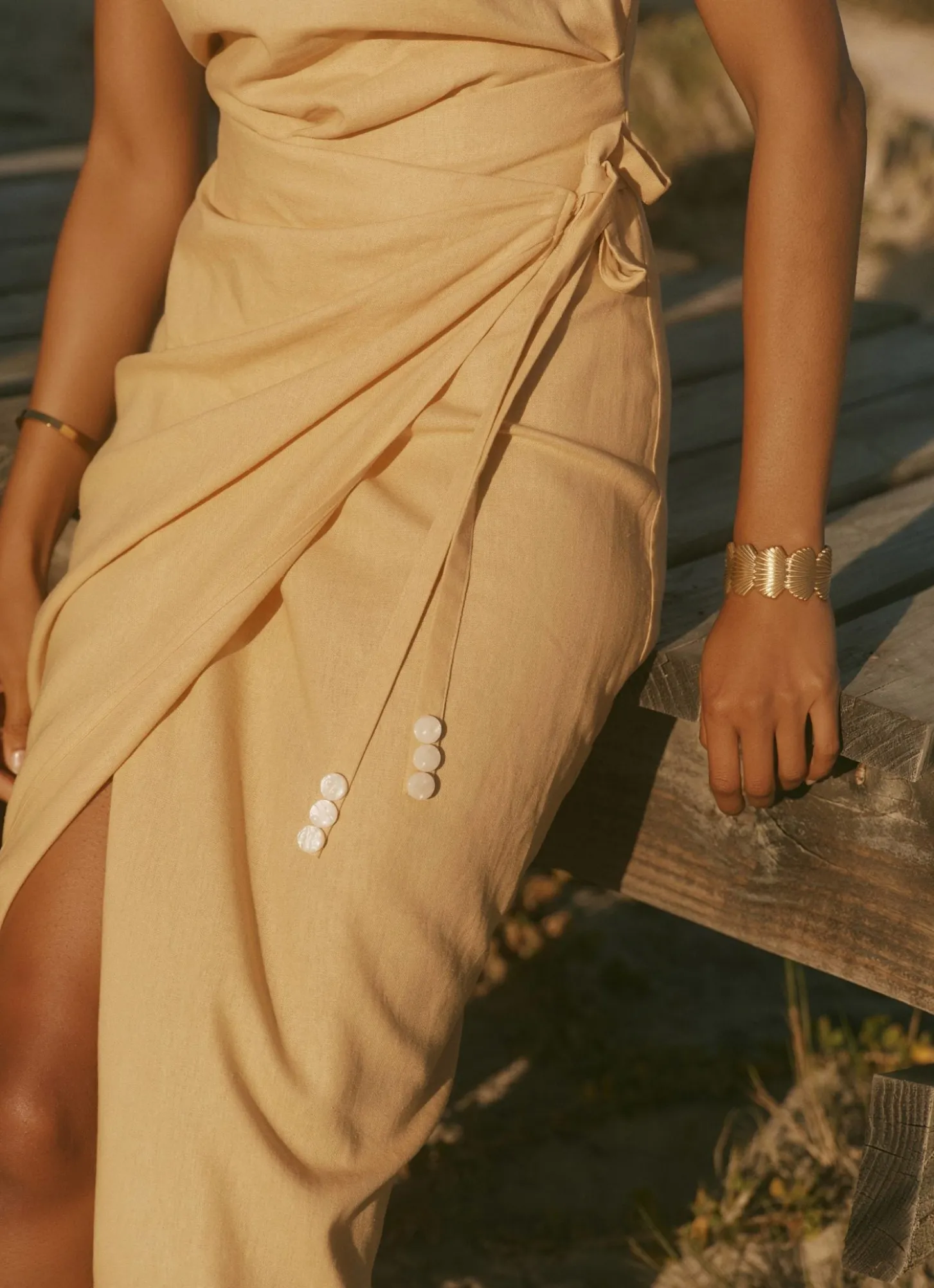 Yellow Linen Blend Wrap Midi Dress