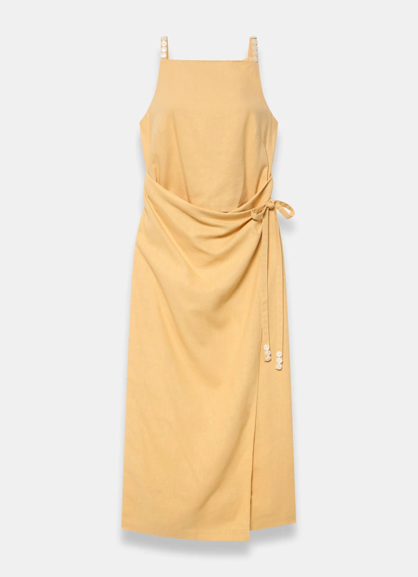 Yellow Linen Blend Wrap Midi Dress