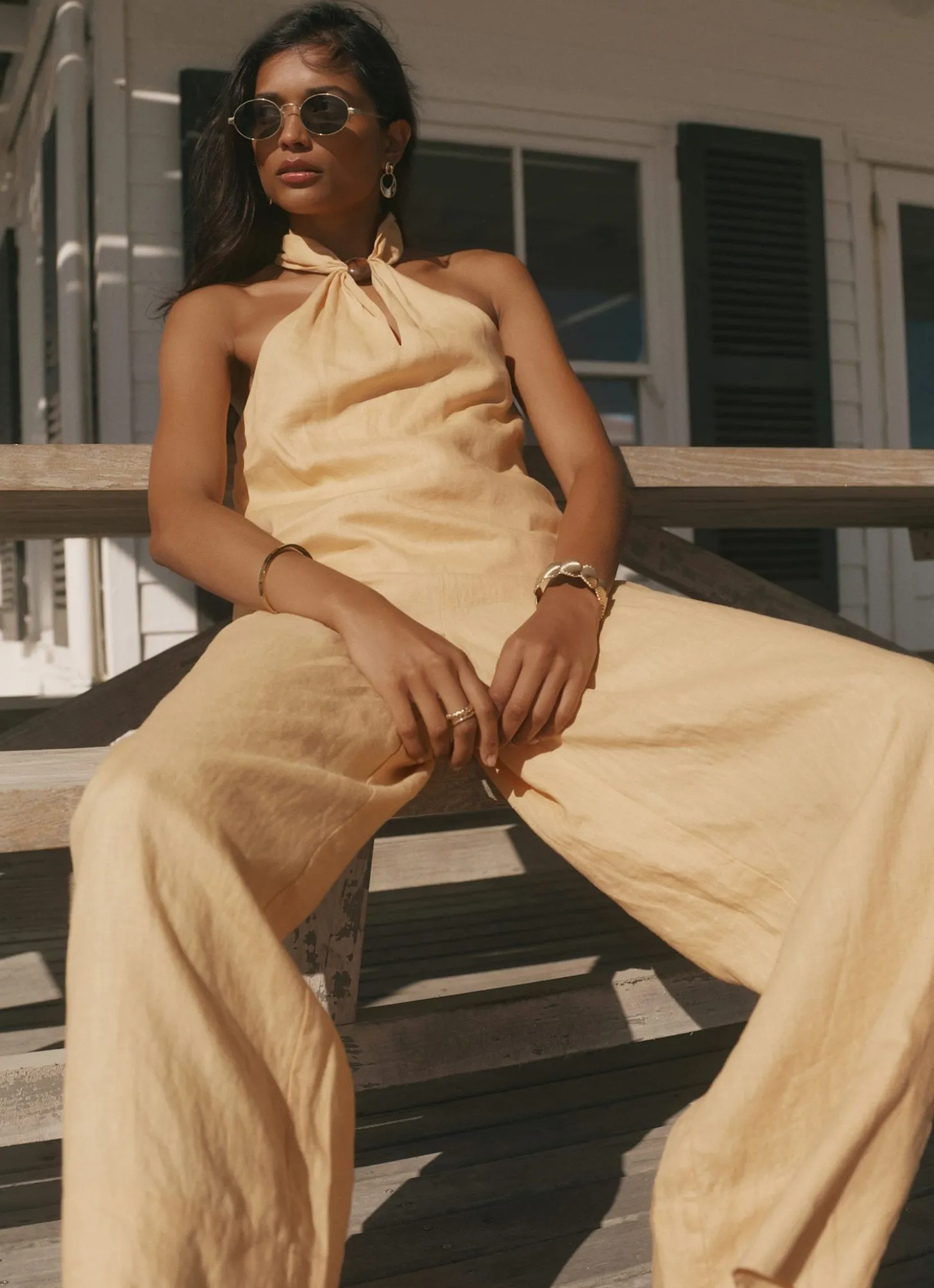 Yellow Linen Drawstring Wide Leg Trousers