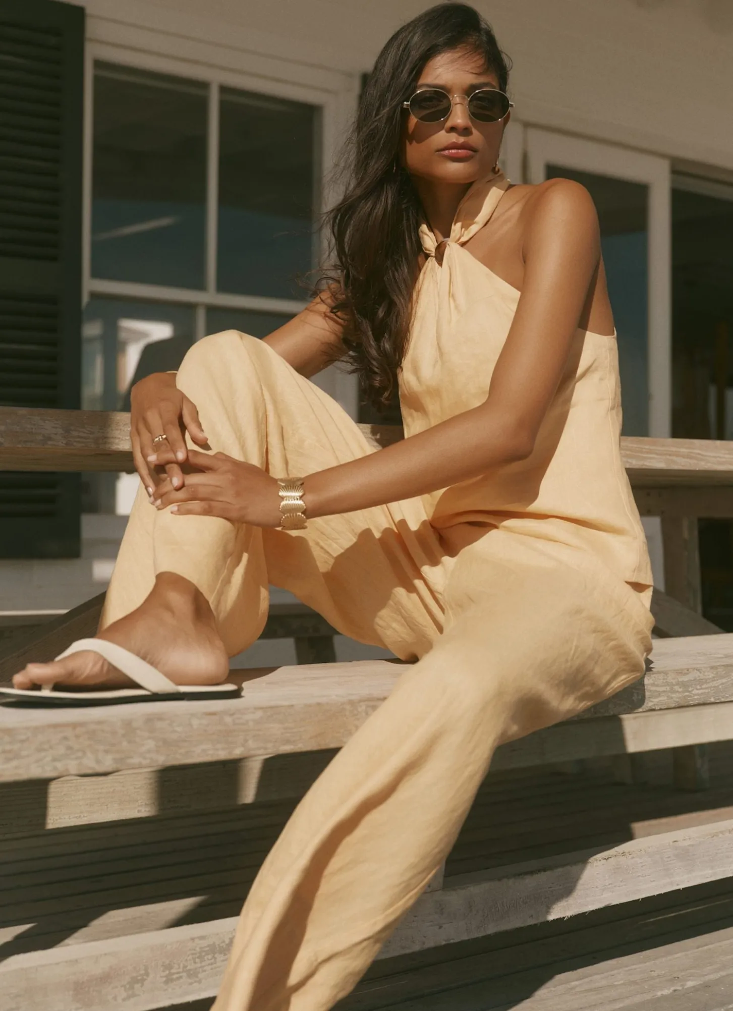 Yellow Linen Drawstring Wide Leg Trousers