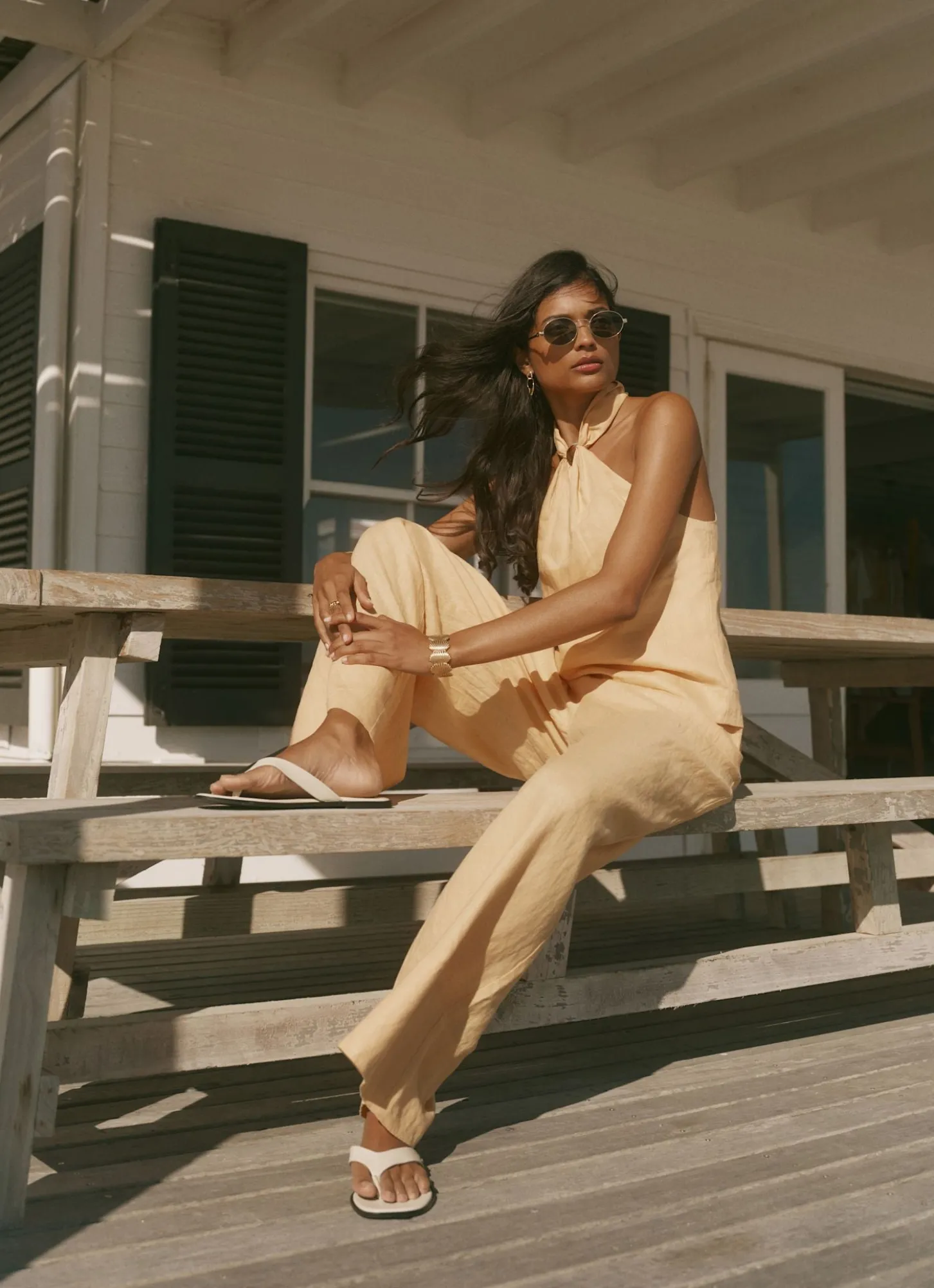 Yellow Linen Drawstring Wide Leg Trousers