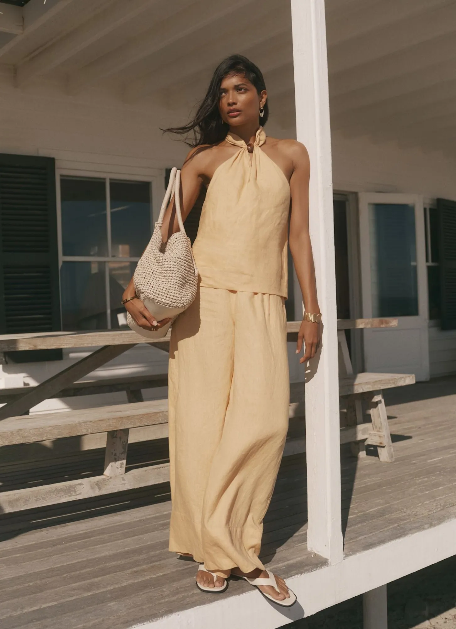 Yellow Linen Drawstring Wide Leg Trousers