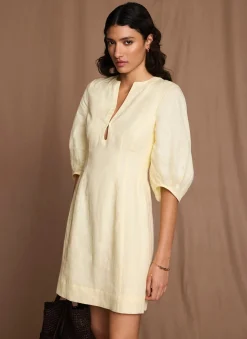Yellow Linen Puff Sleeve Mini Dress