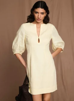 Yellow Linen Puff Sleeve Mini Dress
