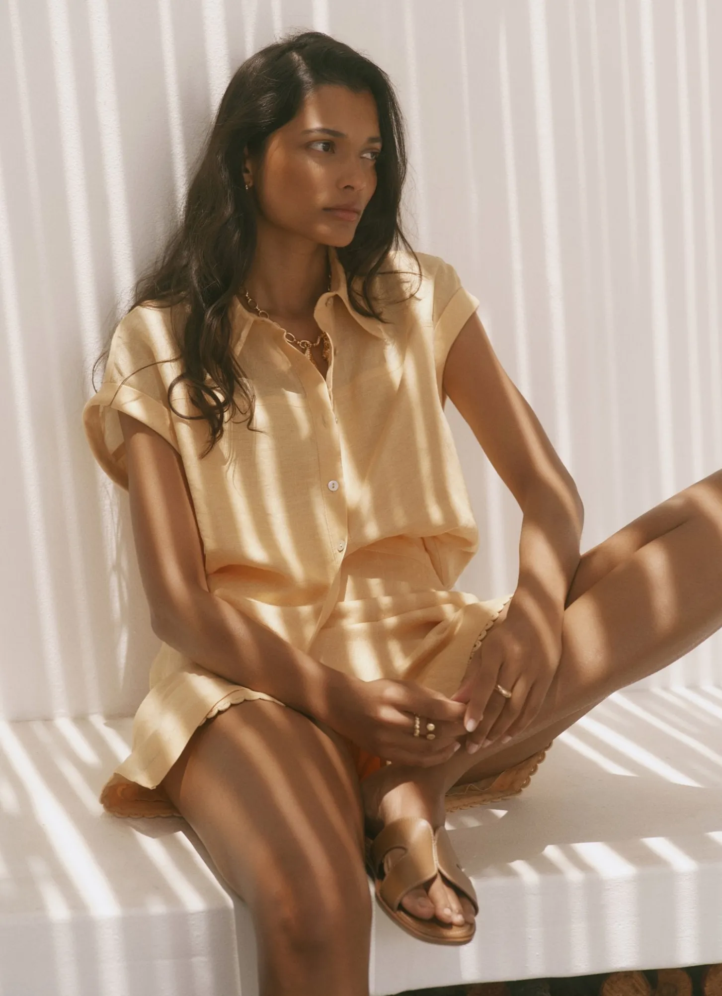 Yellow Linen Scallop Hem Shorts