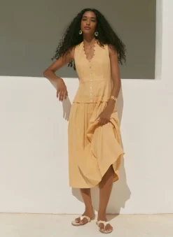 Yellow Ramie Drop Waist Midi Dress