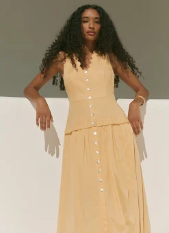 Yellow Ramie Drop Waist Midi Dress