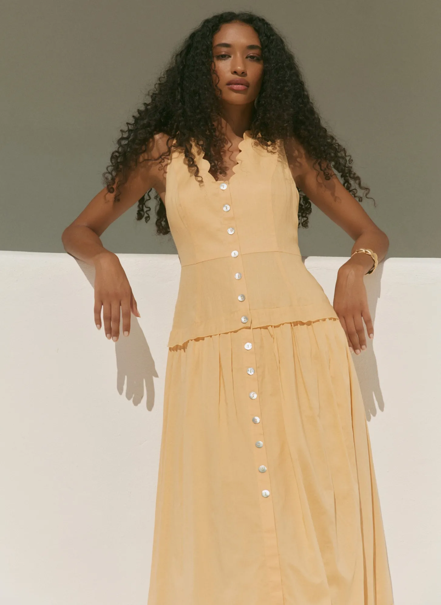 Yellow Ramie Drop Waist Midi Dress
