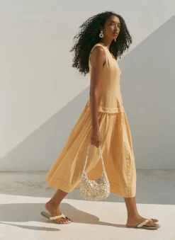 Yellow Ramie Drop Waist Midi Dress
