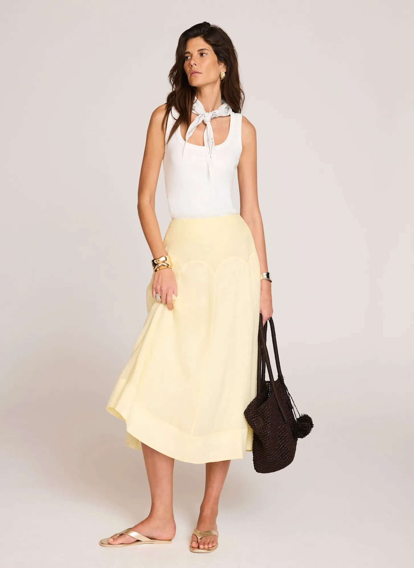 Yellow Ramie Drop Waist Midi Skirt