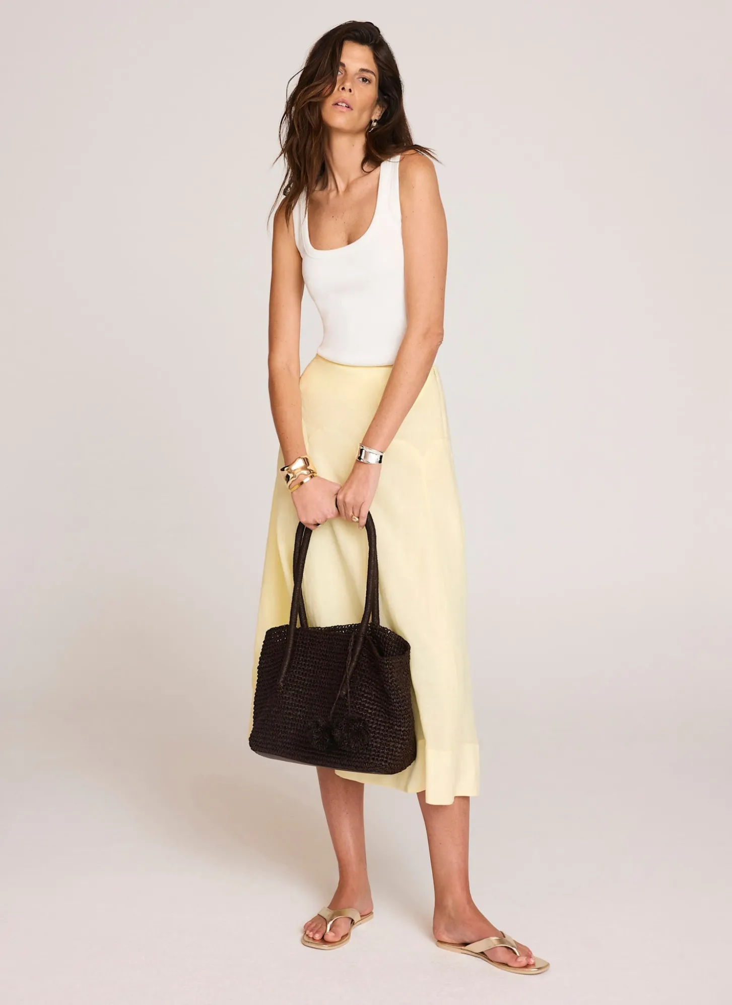 Yellow Ramie Drop Waist Midi Skirt