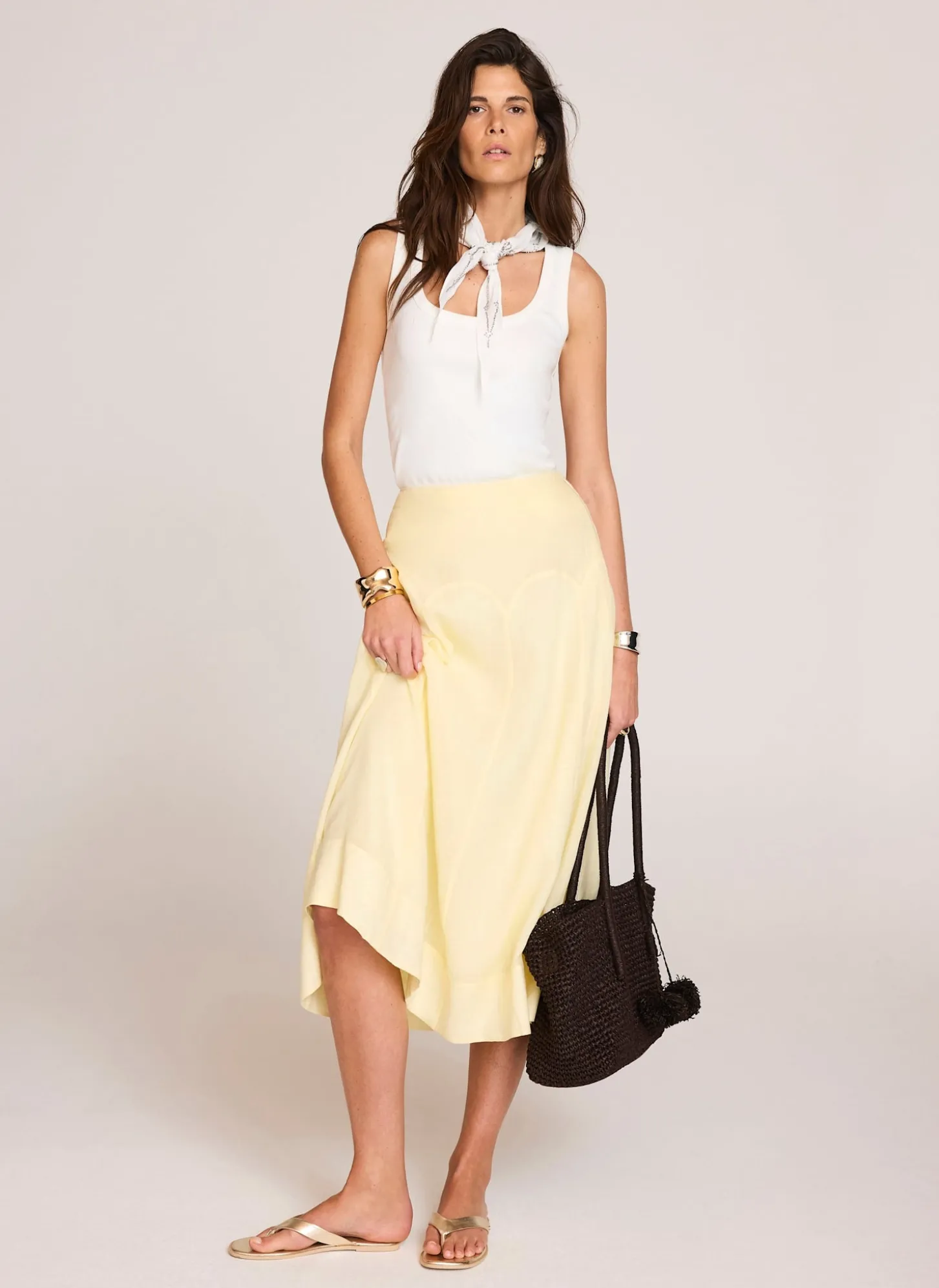 Yellow Ramie Drop Waist Midi Skirt