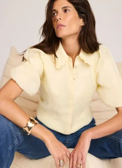 Yellow Ramie Scallop Puff Sleeve Shirt