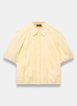 Yellow Ramie Scallop Puff Sleeve Shirt