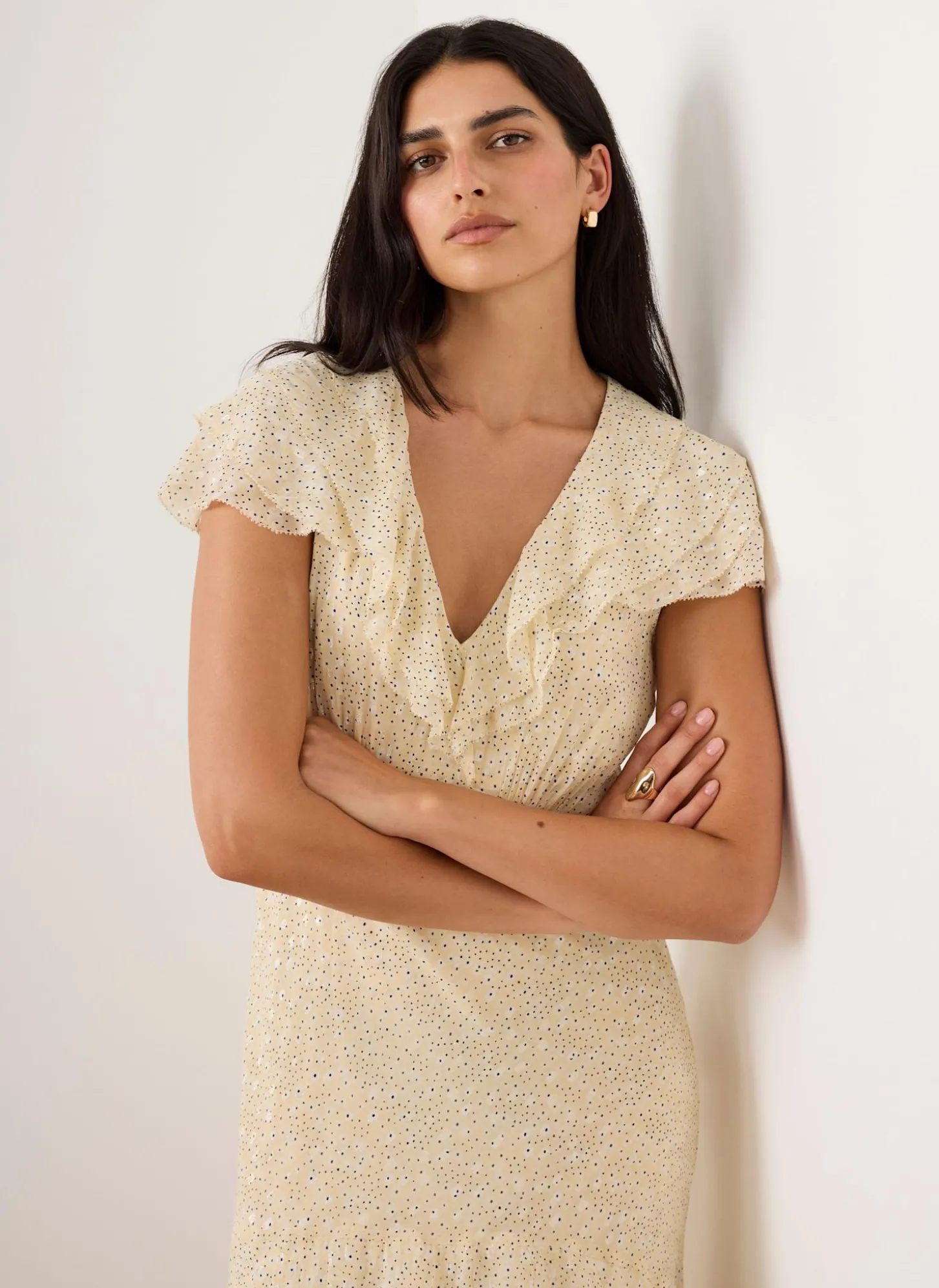 Yellow Ruffle Print Midi Dress